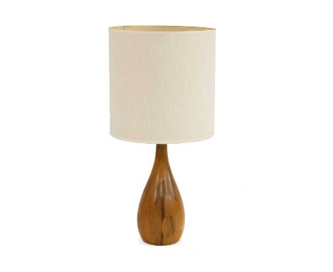 A mahogany and exotic timber table lamp , oviform with elongated neck, complete with shade, 82cm high, including shade