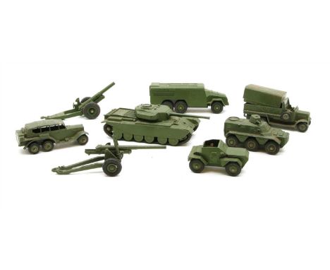 Two boxes of Dinky toy army vehicles, including tanks, armoured cars, lorries, field guns (29 items)