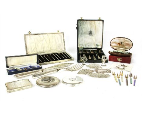 A quantity of silver and silver plate, to include Danish silver gilt and enamel cake forks, marked 'MEKA', four silver belt b