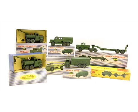 Five boxed Dinky army Super Toys, 660 Tank Transporter, 661 Recovery Tractors (2), 686 Mobile Erector Vehicle, with Corporal 