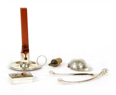 A Continental silver caddy spoon, in the form of a jockey's cap, a pair of silver wishbone sugar tongs, a white metal pill bo
