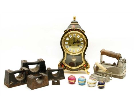 A collection of various items, to include Avery weights, a bracket clock, Limoges porcelain trinkets, irons (Qty.)