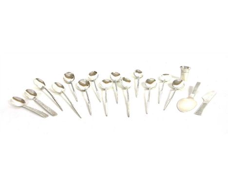 A set of twelve silver mote style spoons, makers mark MHB, together with other modern flatware ad a shot cup (qty)