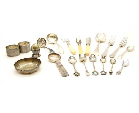 A collection of silver and silver plated items, to include a pair of engine turned napkin rings, a lobed dish, a small amount