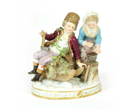 A 19th century Meissen porcelain figure of Winter, with a young boy sitting on a sled with branches and holding an axe and a 