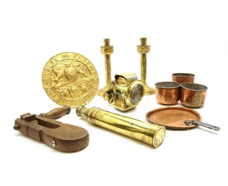 Boxes of various brass, pewter and copper items, including Lucas Silver King cycle lamp, horse tail, Singer, propeller, etc