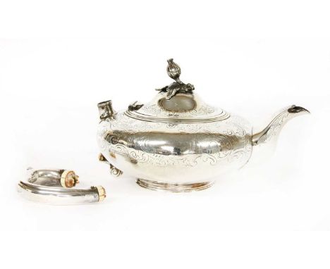 An early Victorian silver teapot, with foliate finial, by Joseph Angell I &amp; Joseph Angell II, London 1841, handle detache