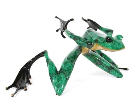 A modern brass sculpture of a frog , poised to leap in naturalistic green and black enamel, signed and dated to foot, 18 cm h