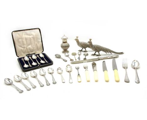 A quantity of silver and plated items, to include silver teaspoons, plated flatware, plated peacock table centres etc