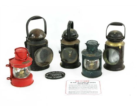 Three G W R railway lamps, with red/green/clear sleeves, and Port and Starboard lamps, Labelled Masthead and Stern, an oval c