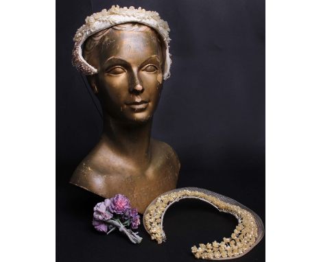 A 1930s flower blossom wedding head dress, a 1950s Vyseborough Model pearl and orange blossom wedding head band and a small p