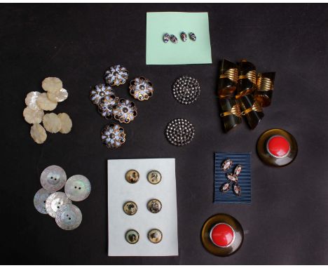 Six Regency pearl buttons; six 19th Century blue enamel buttons, 19th Century carved pearl buttons, a set of six Edwardian li