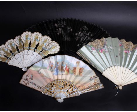 A 19th Century white and gold pressed card fan linked with blue ribbon; an Oriental black and silver parchment fan, a pale bl