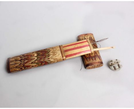 A Napoleonic marquetry straw-work prisoner of war needle case and a 19th Century mother of pearl silk ribbon bobbin (2)