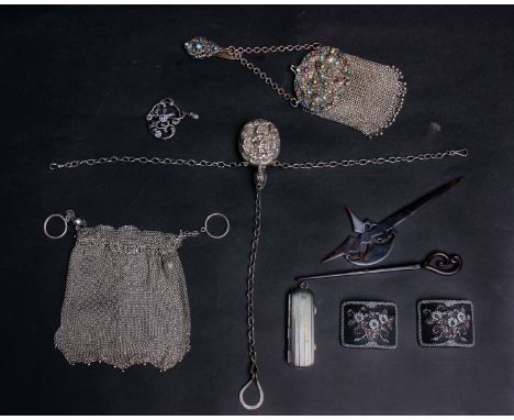 A 19th Century unmarked white metal chain mail purse and chatelaine clip, with filigree clasp, enamel bead and foil backed pa