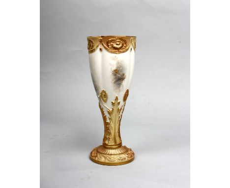 A Royal Worcester porcelain vase of 'tulip' shape no. 1047, decorated with a duck in flight by James Stinton, height 22cm