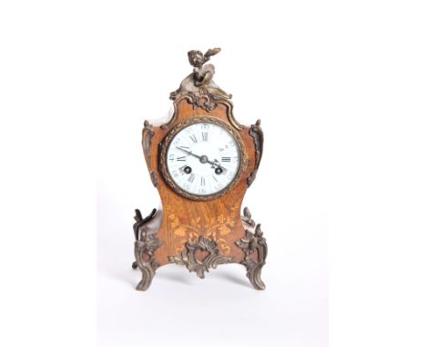 A French 19th Century ormolu and rosewood mantle clock with marquetry inlay, white enamel dial with Roman numeral markers, mo