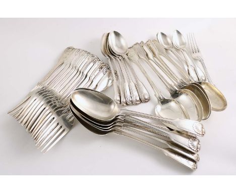 A COLLECTED OR HARLEQUIN PART SERVICE OF FIDDLE, THREAD & SHELL PATTERN FLATWARE (with Diamond Shell heel) including:- Eleven