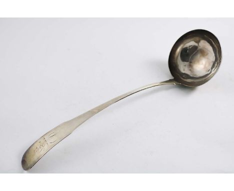 A GEORGE III IRISH FIDDLE PATTERN SOUP LADLE crested and initialled "D", by Samuel Neville, Dublin 1801 with retailer's mark 