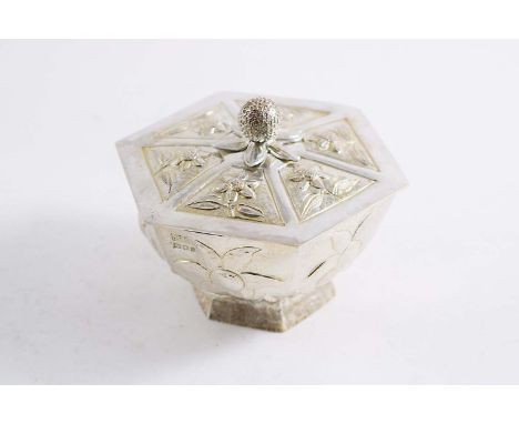 A CONTEMPORARY HANDMADE PARCELGILT BOWL & COVER octagonal with panels of flowers around the sides and a fruit finial, maker's