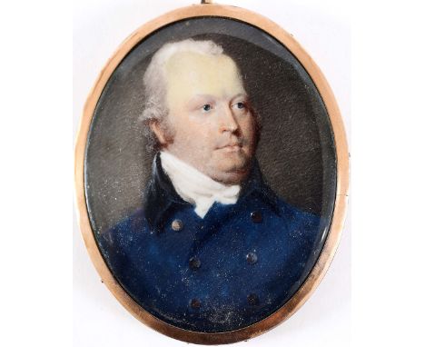 ATTRIBUTED TO JOHN BARRY (Active 1784-1827) Portrait of a gentleman with grey hair, wearing white stock & blue jacket, on ivo