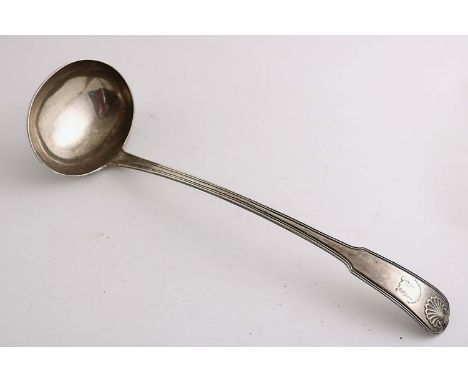 A GEORGE III SCOTTISH SOUP LADLE Fiddle, Thread & Shell pattern (single struck), engraved crest & motto "Reason Contents Me",