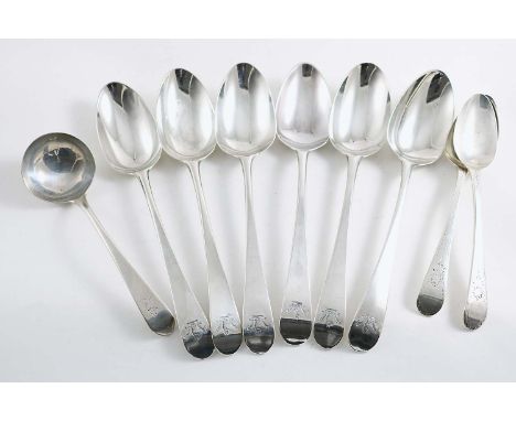 A SET OF FIVE GEORGE III OLD ENGLISH PATTERN TABLE SPOONS initialled and crested, by Hester Bateman, London 1783, another tab