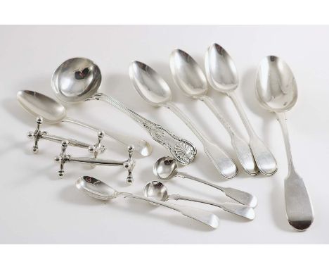 A MIXED LOT:- A George IV King's pattern sauce ladle, crested, a Fiddle table spoon, initialled, three Exeter-made dessert sp