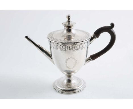 A GEORGE III ARGYLE  in the form of a small vase with engraved pricked & hatched borders, the pull-off cover with a ball fini