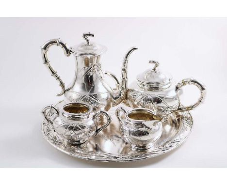 A LATE 19TH / EARLY 20TH CENTURY CHINESE FOUR-PIECE TEA & COFFEE SERVICE and matching circular tray decorated with bamboo sho