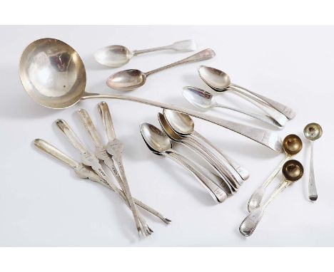 A GEORGE III OLD ENGLISH PATTERN SOUP LADLE by George Smith and William Fearn, London 1791, together with twelve George III O
