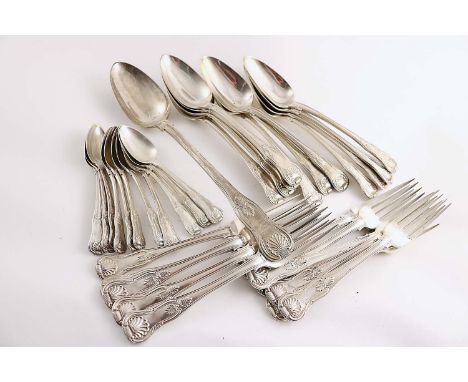 A COLLECTED OR PART SERVICE OF GEORGE III / IV KING'S PATTERN FLATWARE (with Union shell heel) including:- Twelve table spoon