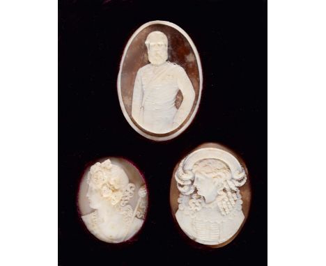 THREE 19TH CENTURY SHELL CAMEOS viz portrait of an officer wearing uniform, a lady in profile after the Antique and a girl we