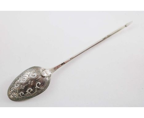 A GEORGE II MOTE SPOON with a diamond point finial, the bowl pierced with scrolls & drilled holes, heightened by engraving on