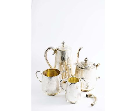 A VICTORIAN ENGRAVED FOUR-PIECE TEA & COFFEE SERVICE with tapering cylindrical bodies, c-scroll handles and fine bead borders