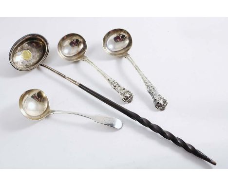 A PAIR OF QUEEN'S PATTERN SAUCE LADLES (HONEYSUCKLE HEEL) crested, by W.R. Sobey, London 1854, a George III Irish Fiddle sauc