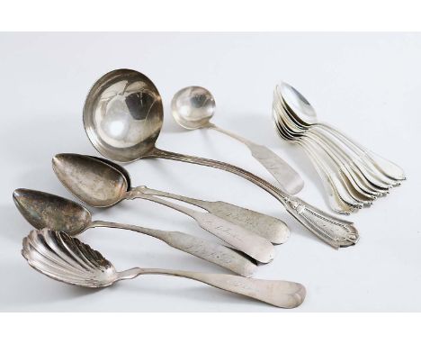 ASSORTED AMERICAN FLATWARE:- A set of ten tea spoons, initialled "T", a small soup ladle, initialled, a "coin" table spoon, i