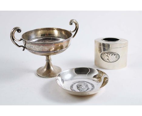 A MIXED LOT:- An Edwardian tea caddy, London 1905, (now adapted with a hole in its cover), an Edwardian two-handled cup, init