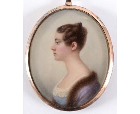 ENGLISH SCHOOL c.1835 Portrait of a lady wearing fur trimmed robe, on ivory;  7.5 x 6 cms, now in silver gilt frame, hallmark