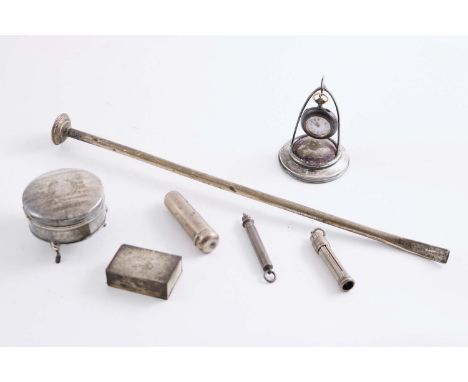 A MIXED LOT:- An Edwardian tubular candle douter by S. Mordan & Co., London 1902, a small circular trinket box on three legs,