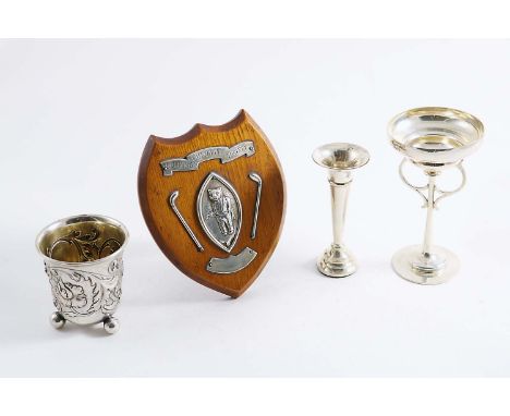 A "CURLEY WEE GOLFING SOCIETY" MOUNTED WOODEN TROPHY SHIELD, a small single vase, a Continental beaker and a pedestal cup by 