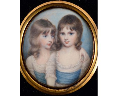 ENGLISH SCHOOL c.1790 Portrait of The Ladies Elizabeth and Gertrude Howard, each wearing white dress & blue sash, on ivory;  