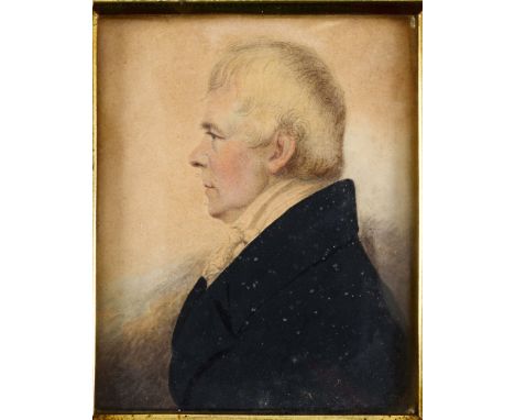 ENGLISH SCHOOL, 19TH CENTURY Portrait of Sir Walter Scott wearing dark blue jacket, half length in profile, on card;  9.5 x 7