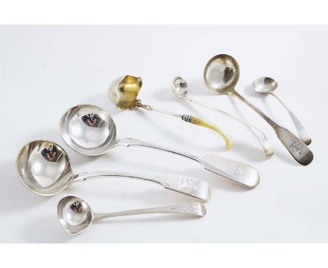 SMALL LADLES:- A Victorian Exeter-made Fiddle sauce ladle, crested, a Victorian Fiddle sauce ladle, crested, an American ladl