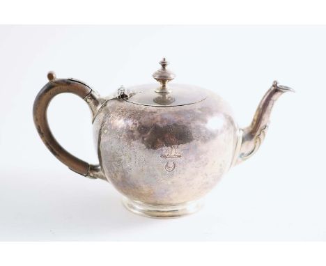 A VICTORIAN SMALL BULLET-SHAPED TEA POT with a knop finial, crested, by John Figg, London 1855; 4" (10 cms) high; 7.3 oz