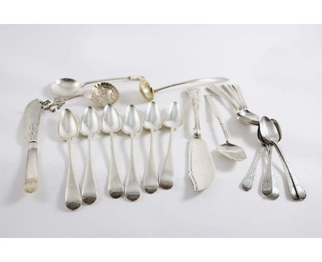 A MIXED LOT:- A set of five George III bright-cut tea spoons, initialled, by George Smith, London 1783, another set of five s