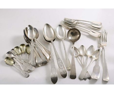 A SMALL GROUP OF ASSORTED IRISH FLATWARE TO INCLUDE:- Three table spoons, two table forks, six dessert forks,  thirteen desse