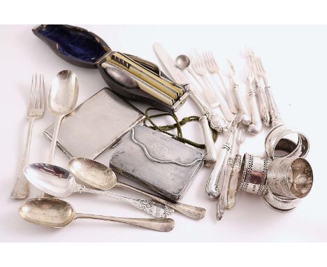 A MIXED LOT:- An engine-turned purse, initialled, five napkin rings (some initialled), a cigarette case, initialled and engra