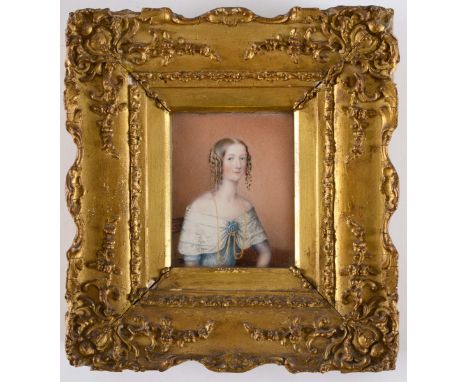 ENGLISH SCHOOL C.1835 Portrait of a girl seated wearing blue dress, her hair in ringlets, on ivory;  9.5 x 7.5 cms