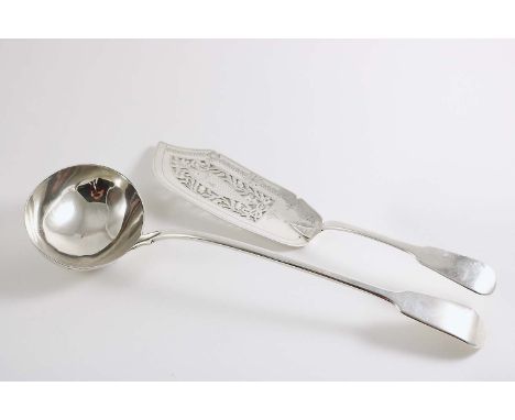 A WILLIAM IV FIDDLE PATTERN SOUP LADLE by William Chawner, London 1833 and a Fiddle pattern fish slice, pierced and engraved 